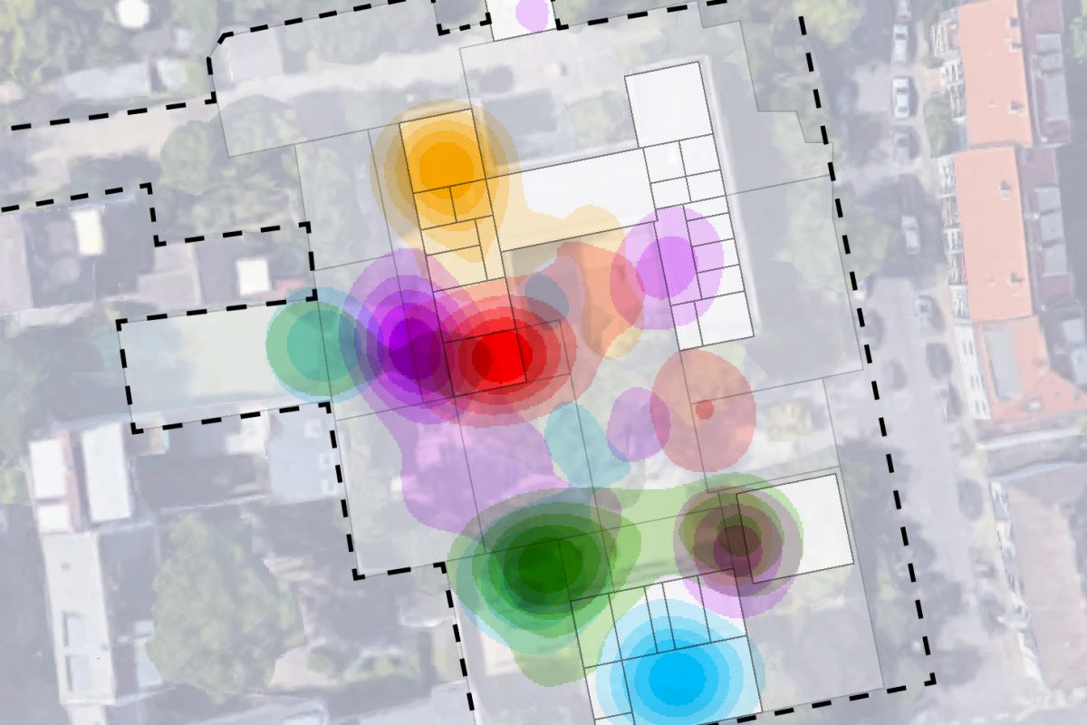 Ground floor map showing the location and density of the 5 different types of spaces within the school area.